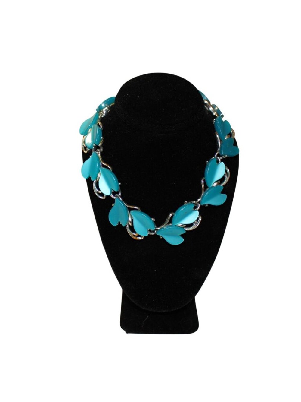 Vintage 1950s Blue Thermoset Plastic Leaf Link Choker Necklace Silver Tone